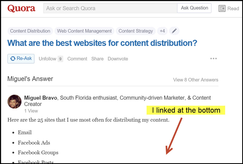 A screenshot of Miguel Bravo answering Quora question about Content Distribution
