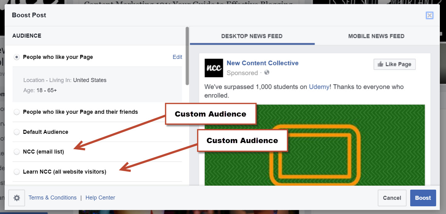 Where to find Custom Audiences within Boosted Posts